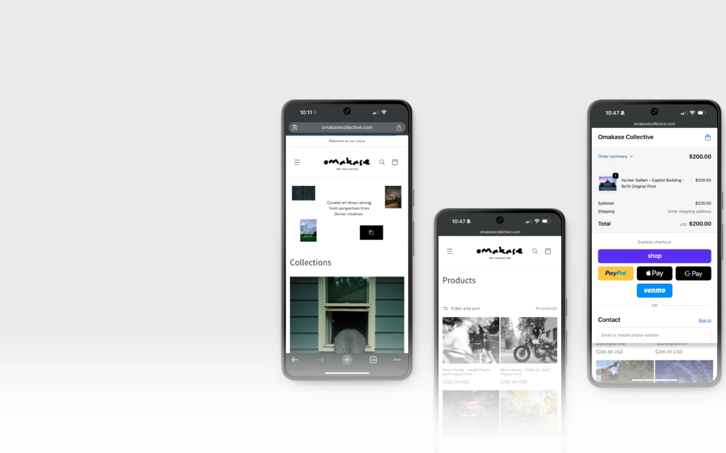 Omakase store, product listing, and checkout shown on phones