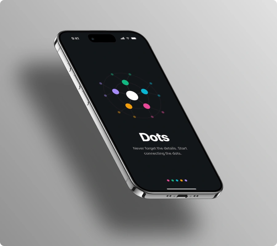 Dots social memory aid launch screen on a phone mockup