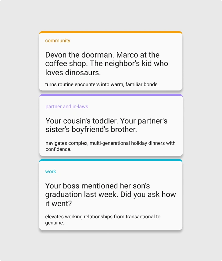 Example capture cards: Devon the doorman, Marco at the coffee shop, and a cousin's toddler