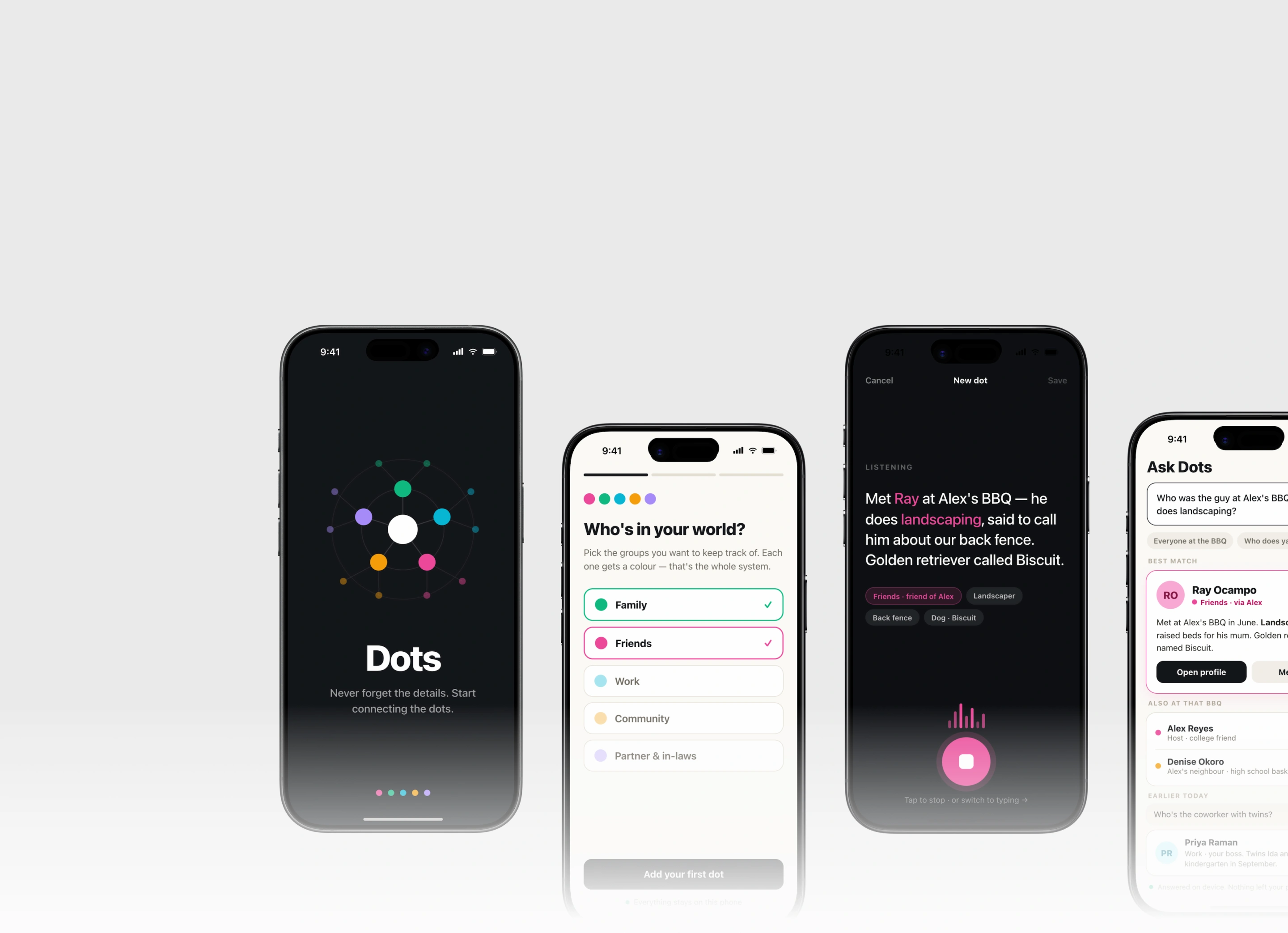 Dots app shown across four screens: the launch dial, onboarding, voice capture, and a trivia recall moment