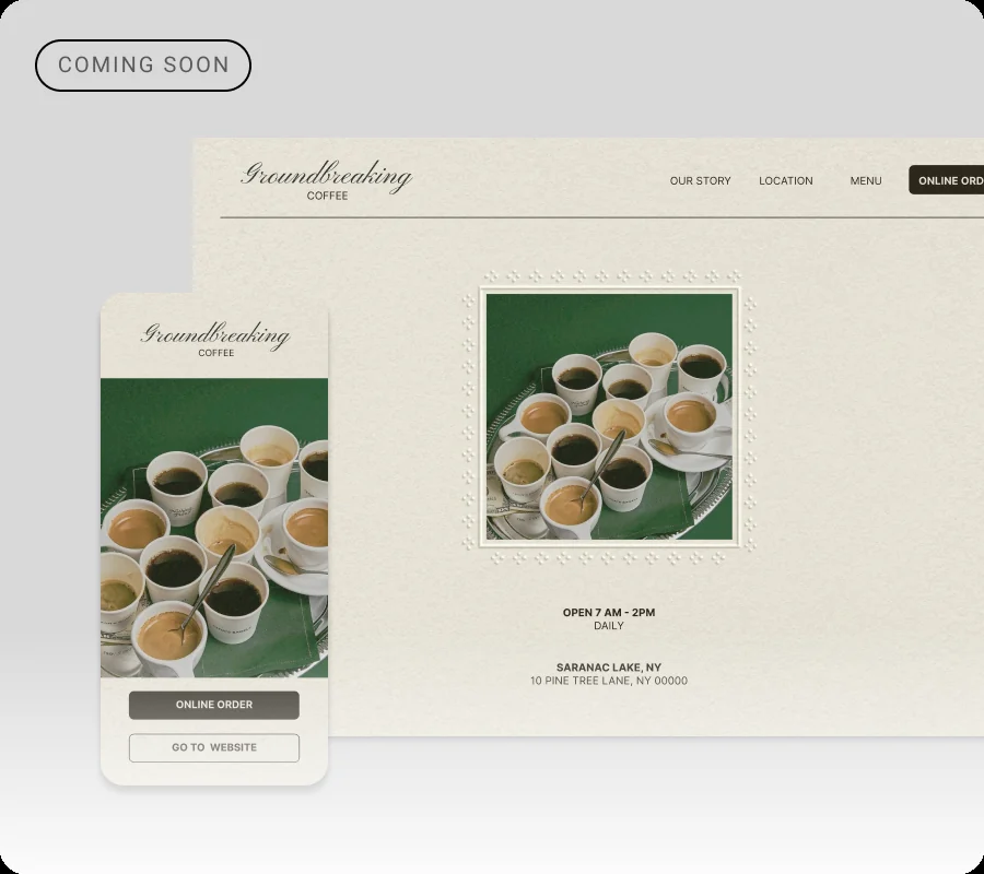 Groundbreaking Coffee site shown on desktop and phone, marked Coming Soon