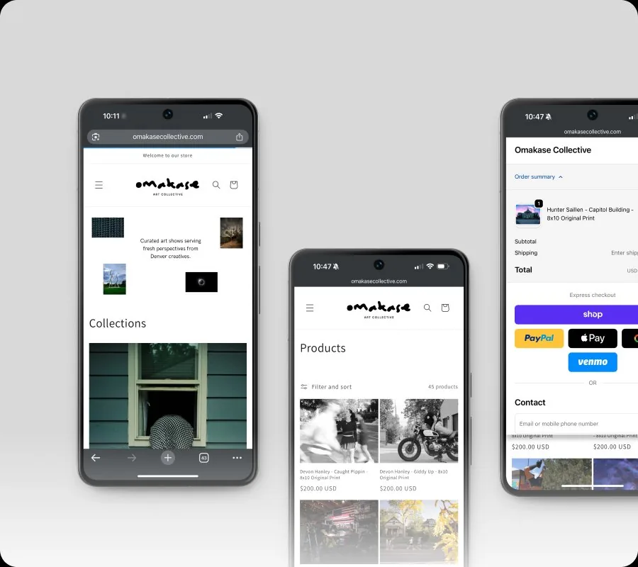 Omakase Art Collective site shown on three phone screens