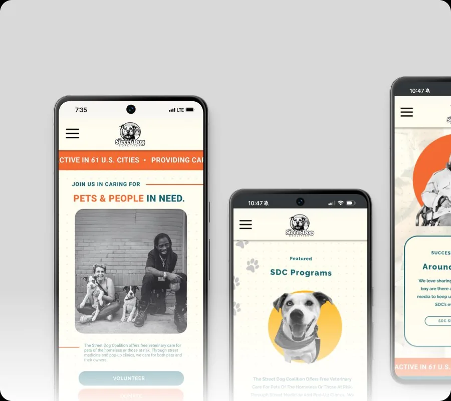 Street Dog Coalition site shown on three phone screens