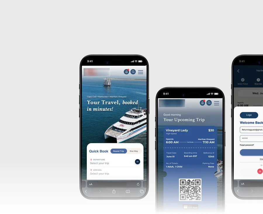 Ferry booking redesign shown on phone screens