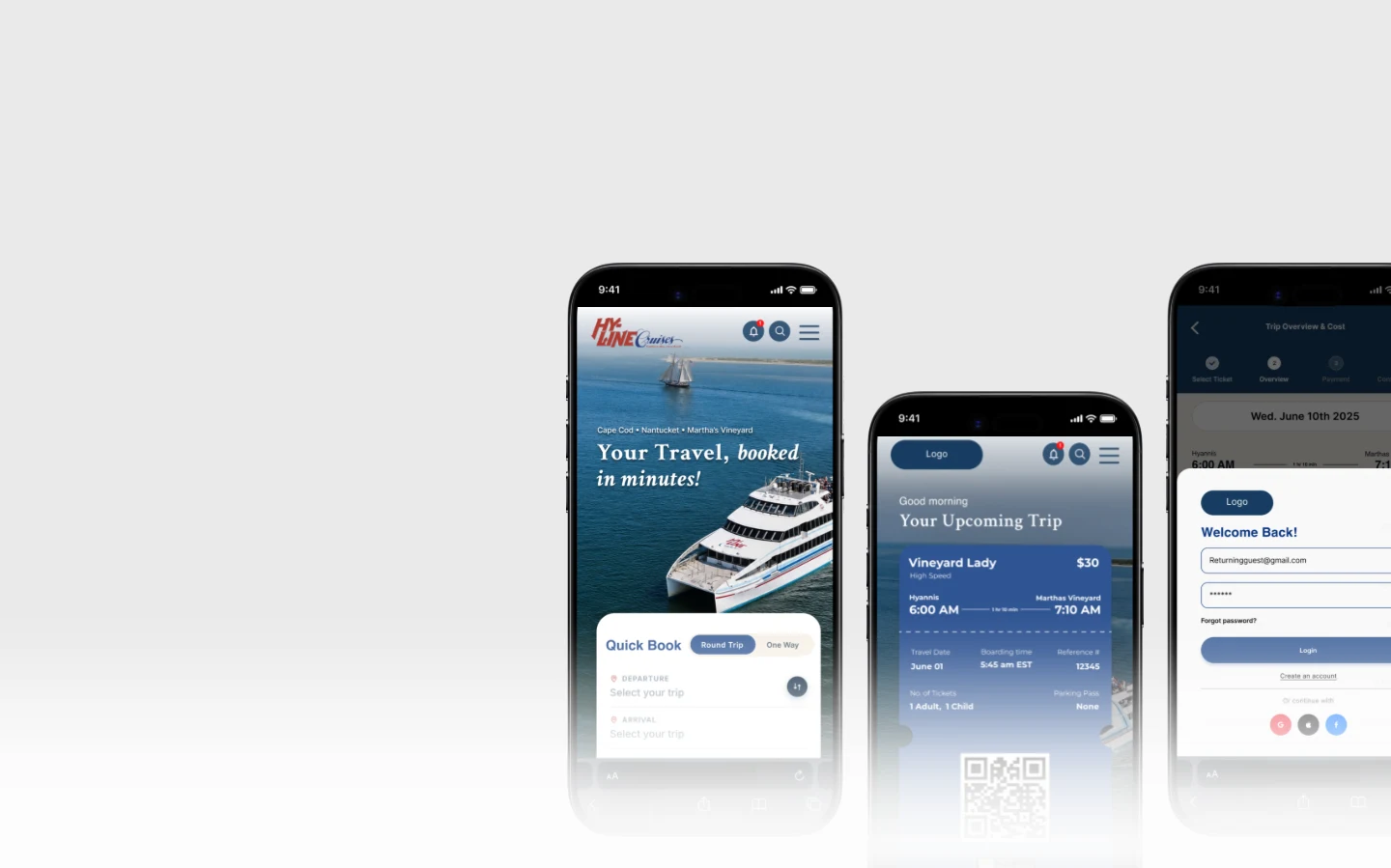 Ferry booking redesign shown on phone screens